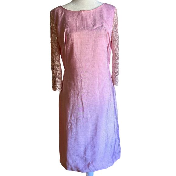 60's VINTAGE | Pink Sheath Cocktail Dress with Jeweled Lace Sleeves | Size 10 - Picture 1 of 6